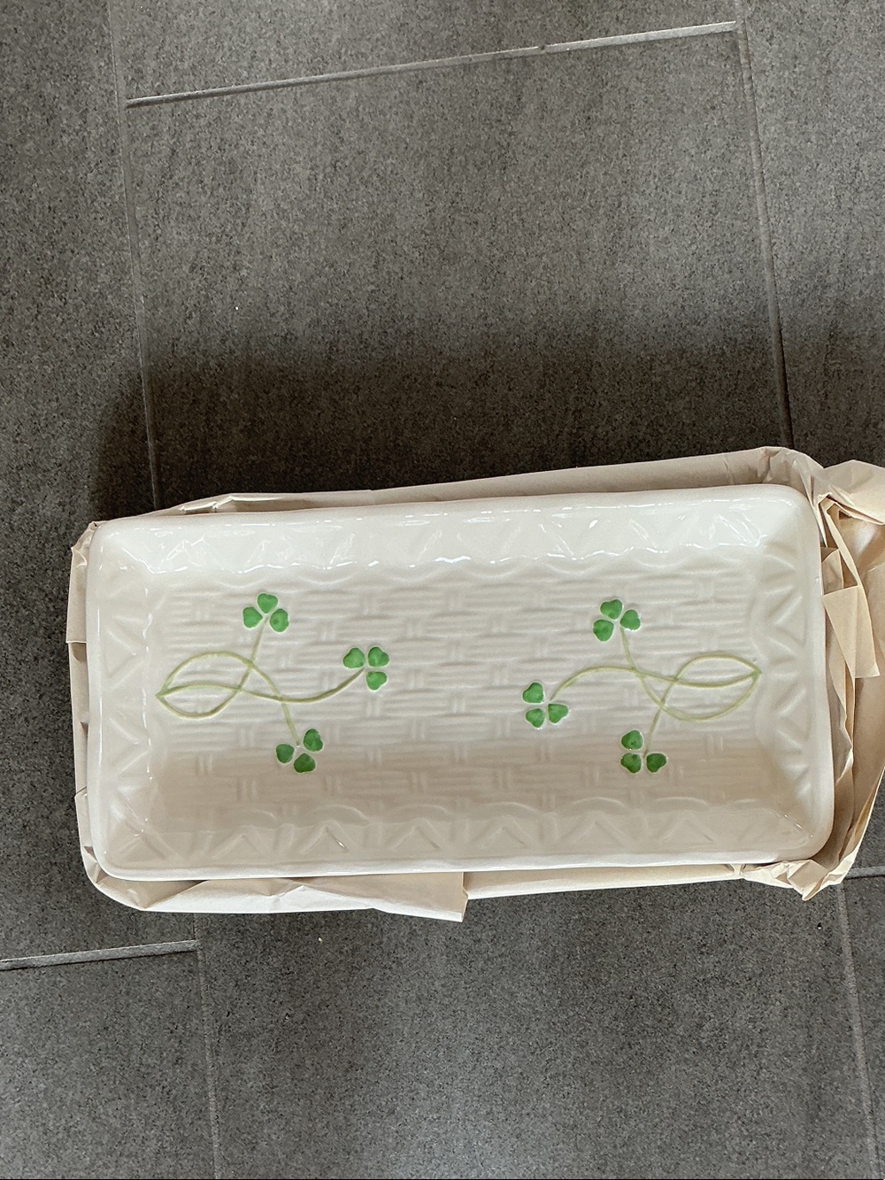 Shamrock Mint Tray White Ceramic Tray with Green Clover Motif. Beautiful piece